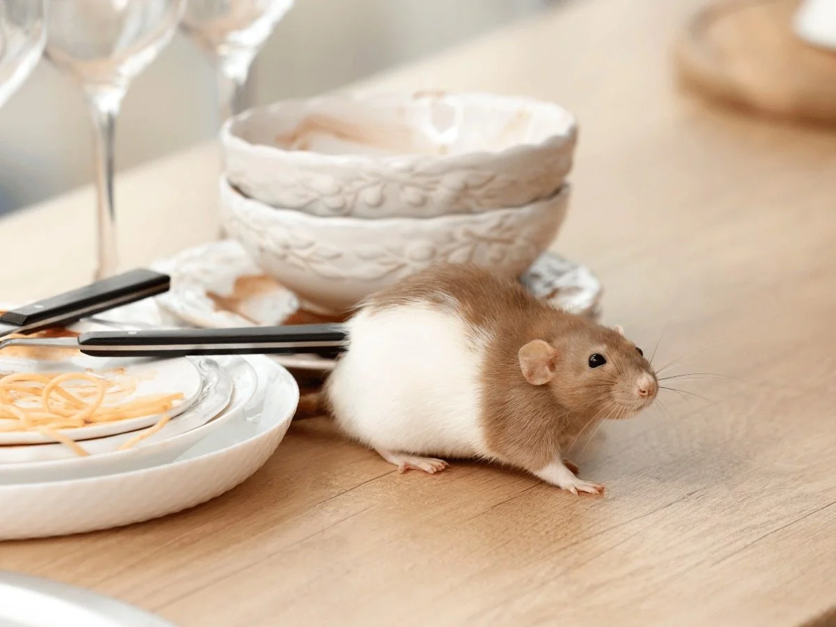 A rat on a kitchen counter beside used dishes, showing how rodents contaminate food surfaces