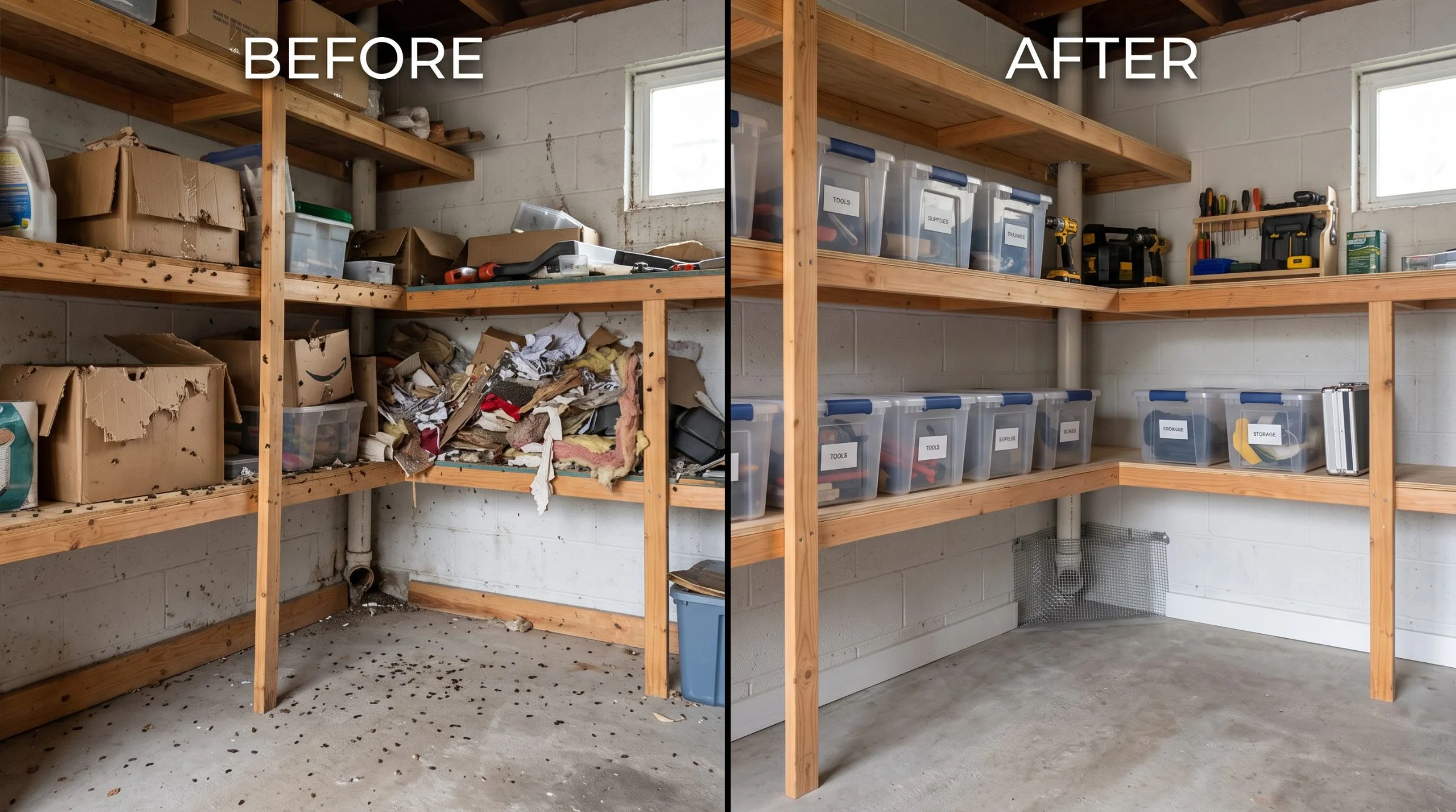 Garage shelving before and after. Before: droppings, gnawed cardboard boxes and nesting material. After: clean shelves with sealed storage totes and mesh over the floor-level pipe penetration.