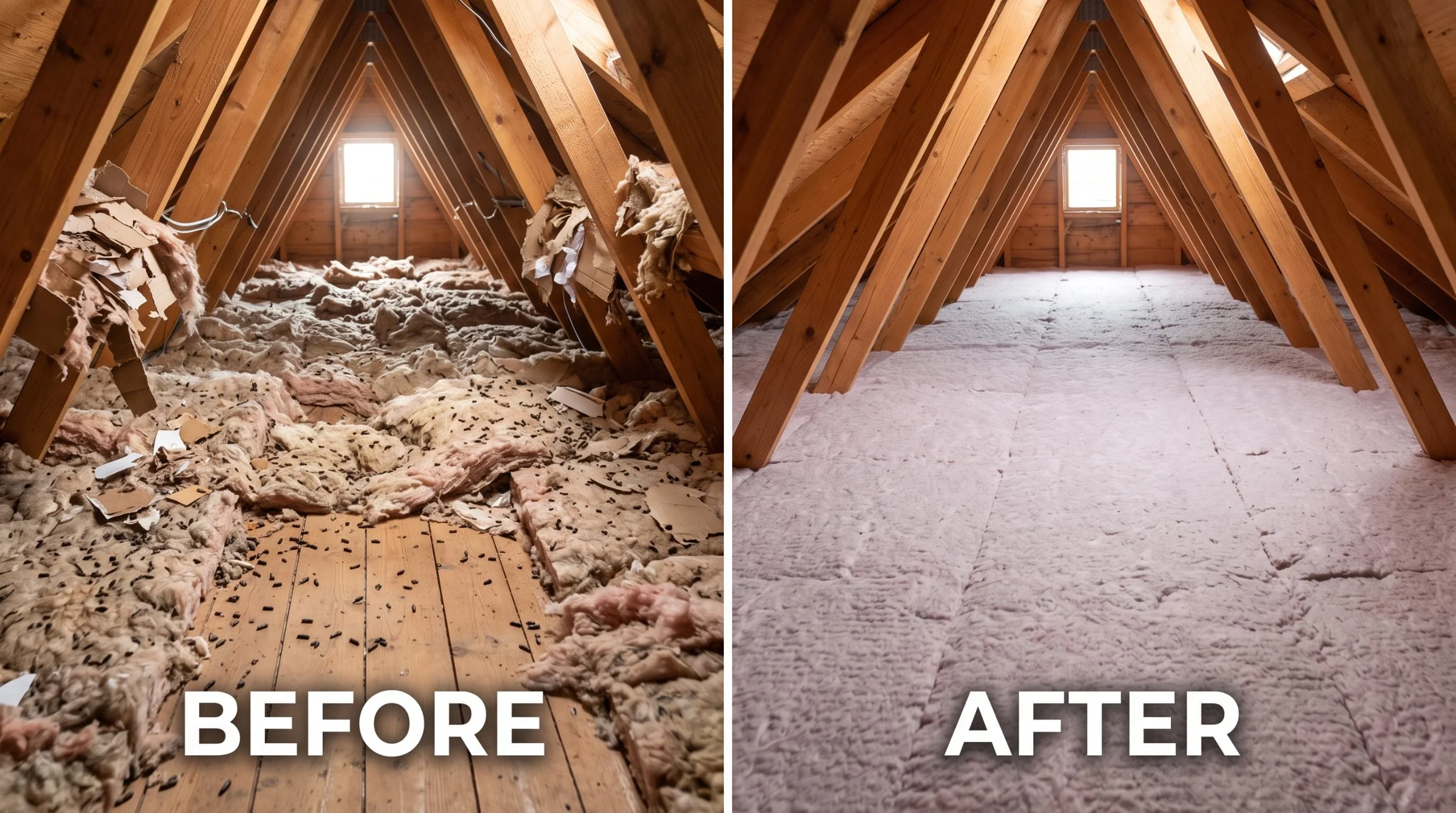Attic insulation before and after. Before: heavy droppings across shredded, flattened batts. After: uniform fresh insulation across the whole span.