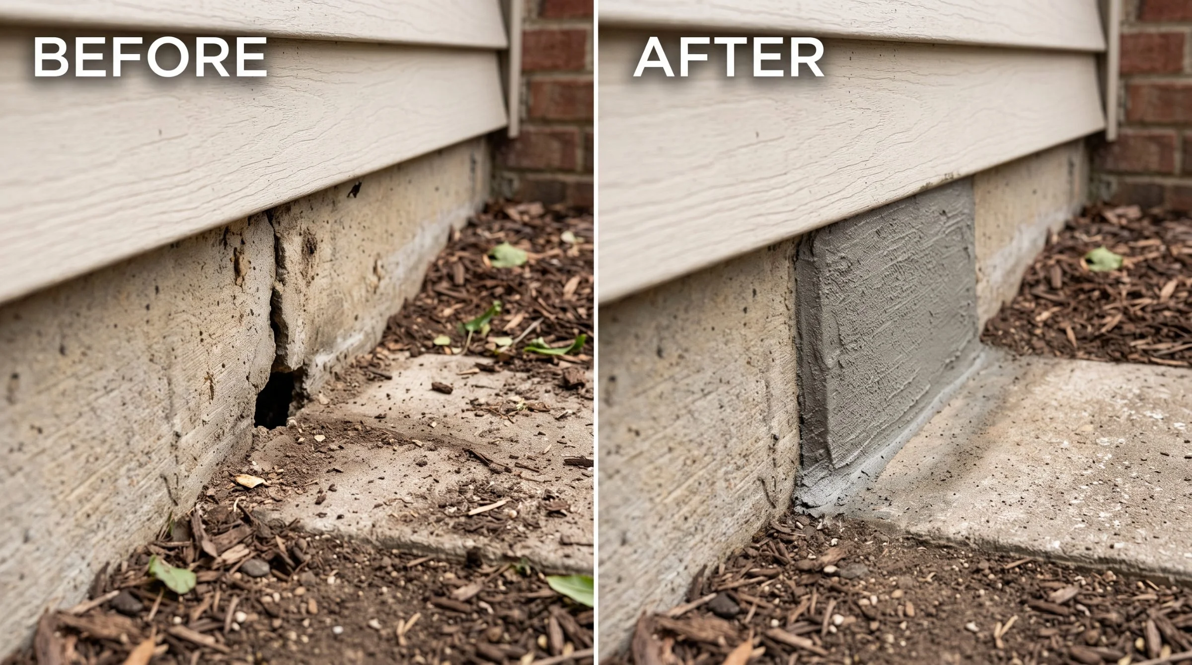 Exterior foundation before and after. Before: a cracked slab edge with an open rodent hole running under the siding. After: the gap packed and patched flush with the slab.