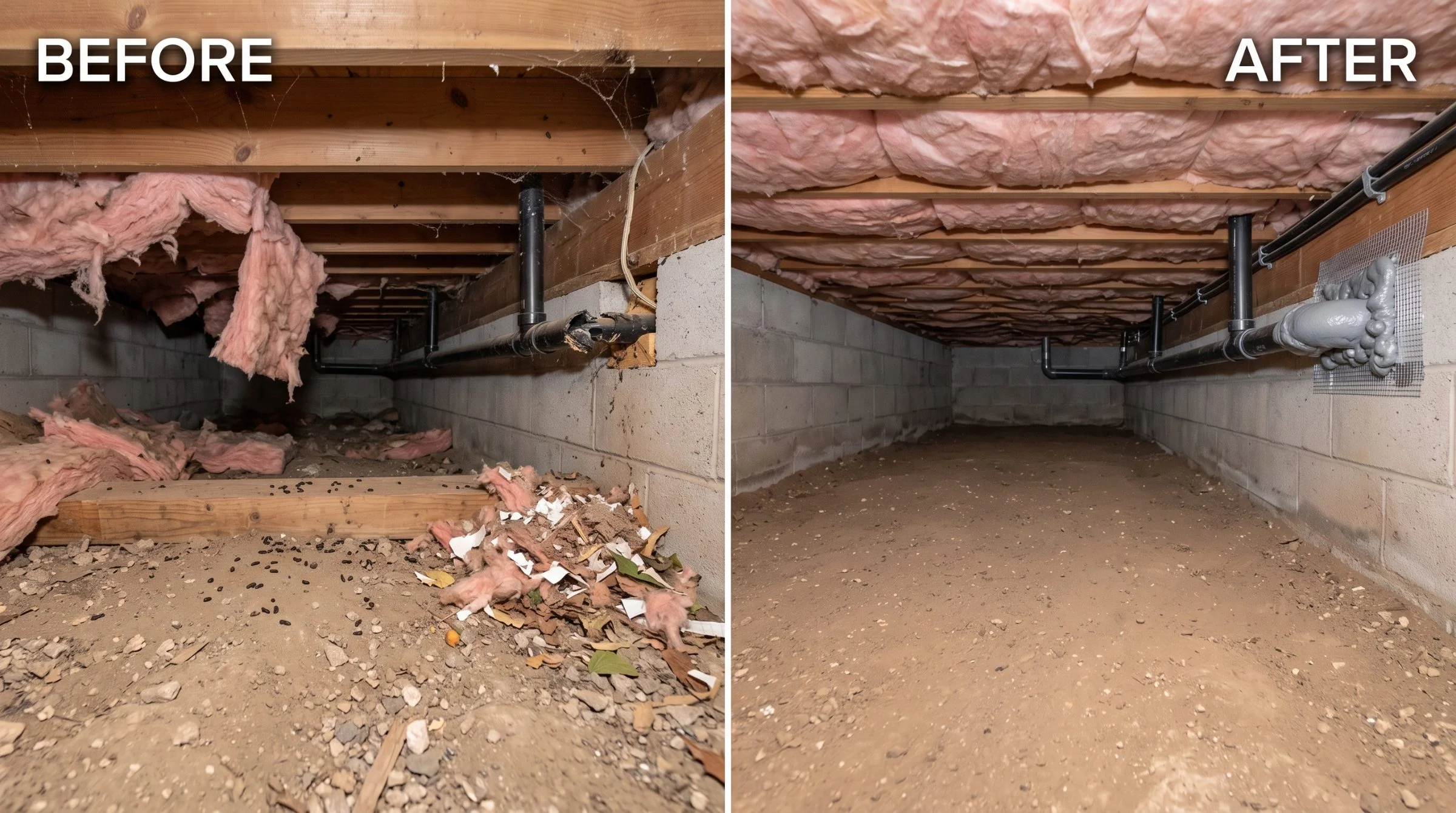 Crawl space before and after. Before: fallen insulation, droppings and debris across the ground. After: the space cleared, batts resecured overhead and the utility penetration screened and sealed.