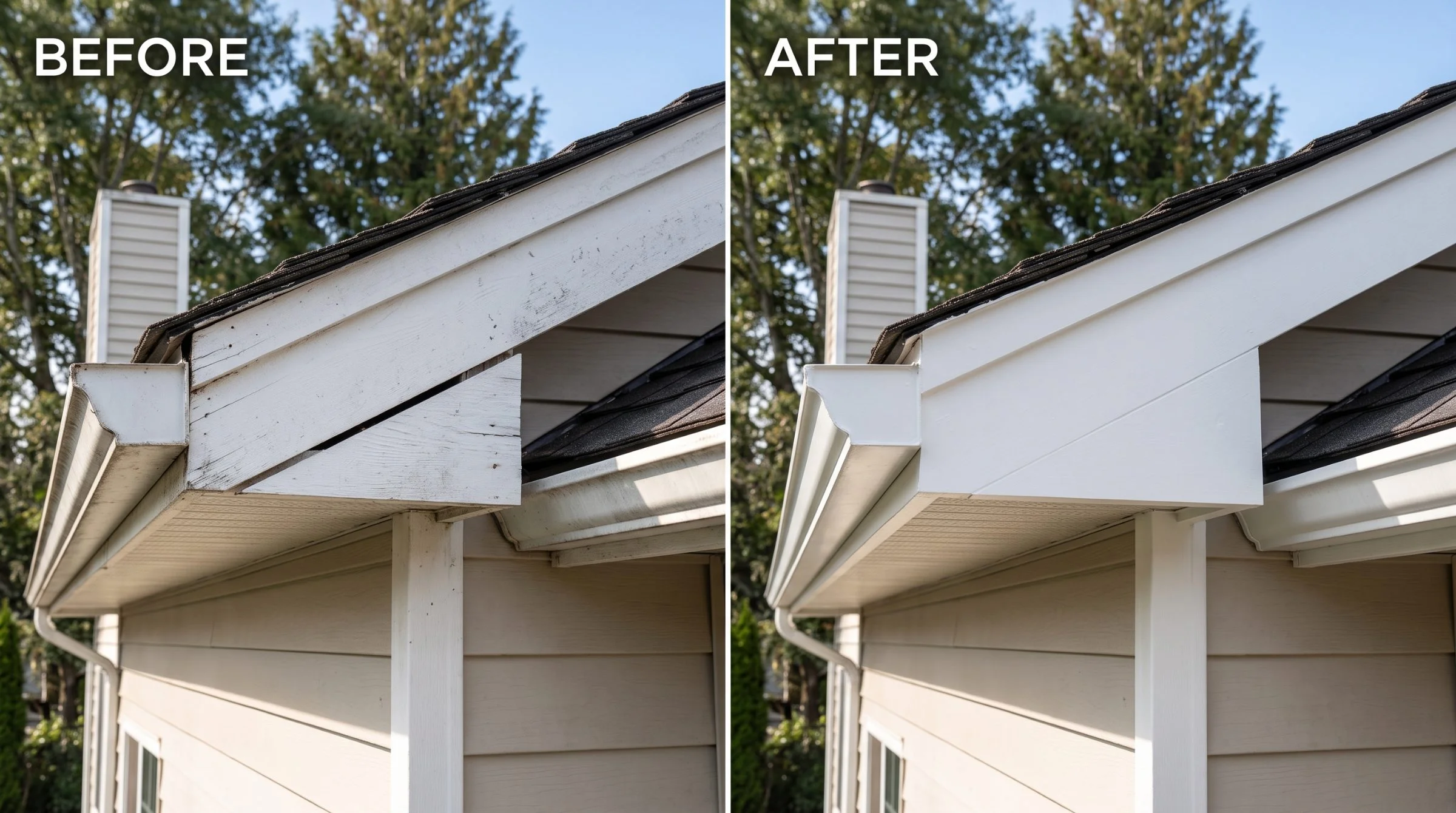 Roofline before and after. Before: a weathered fascia board pulled away from the roof edge, leaving an open gap into the attic. After: the board rebuilt and the gap closed.