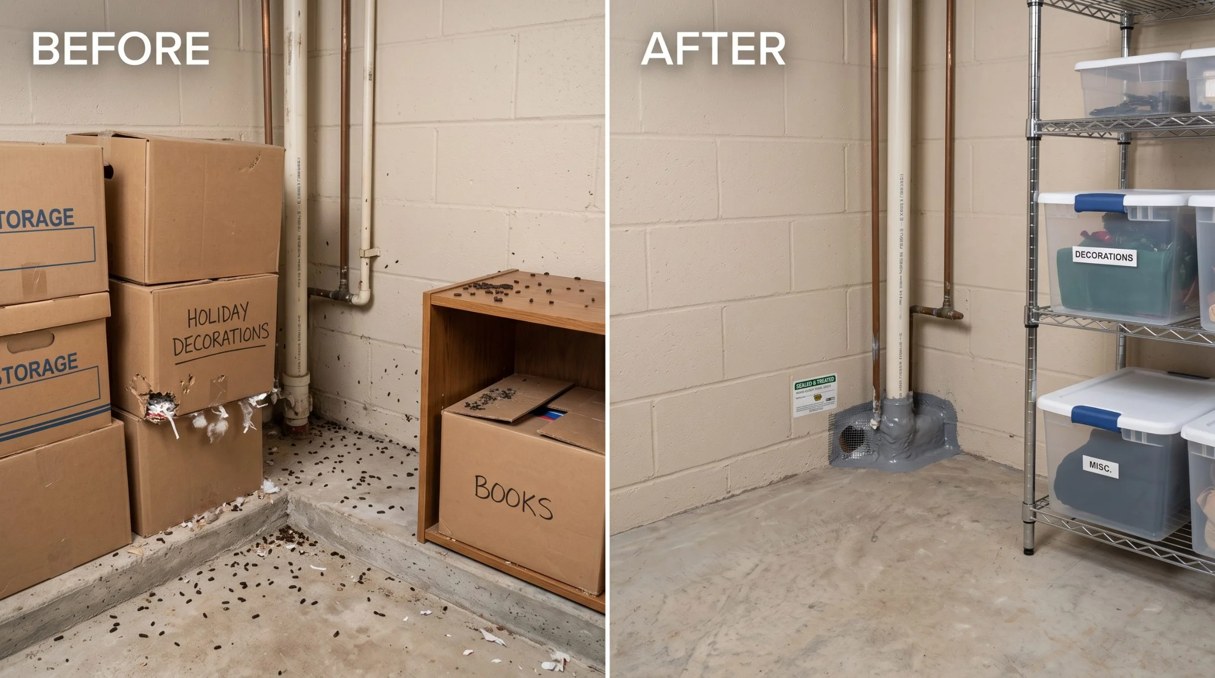 Storage corner before and after. Before: chewed boxes, nesting material and heavy droppings around a pipe chase. After: the corner cleaned, contents in sealed bins, and the pipe chase packed with mesh and sealant.