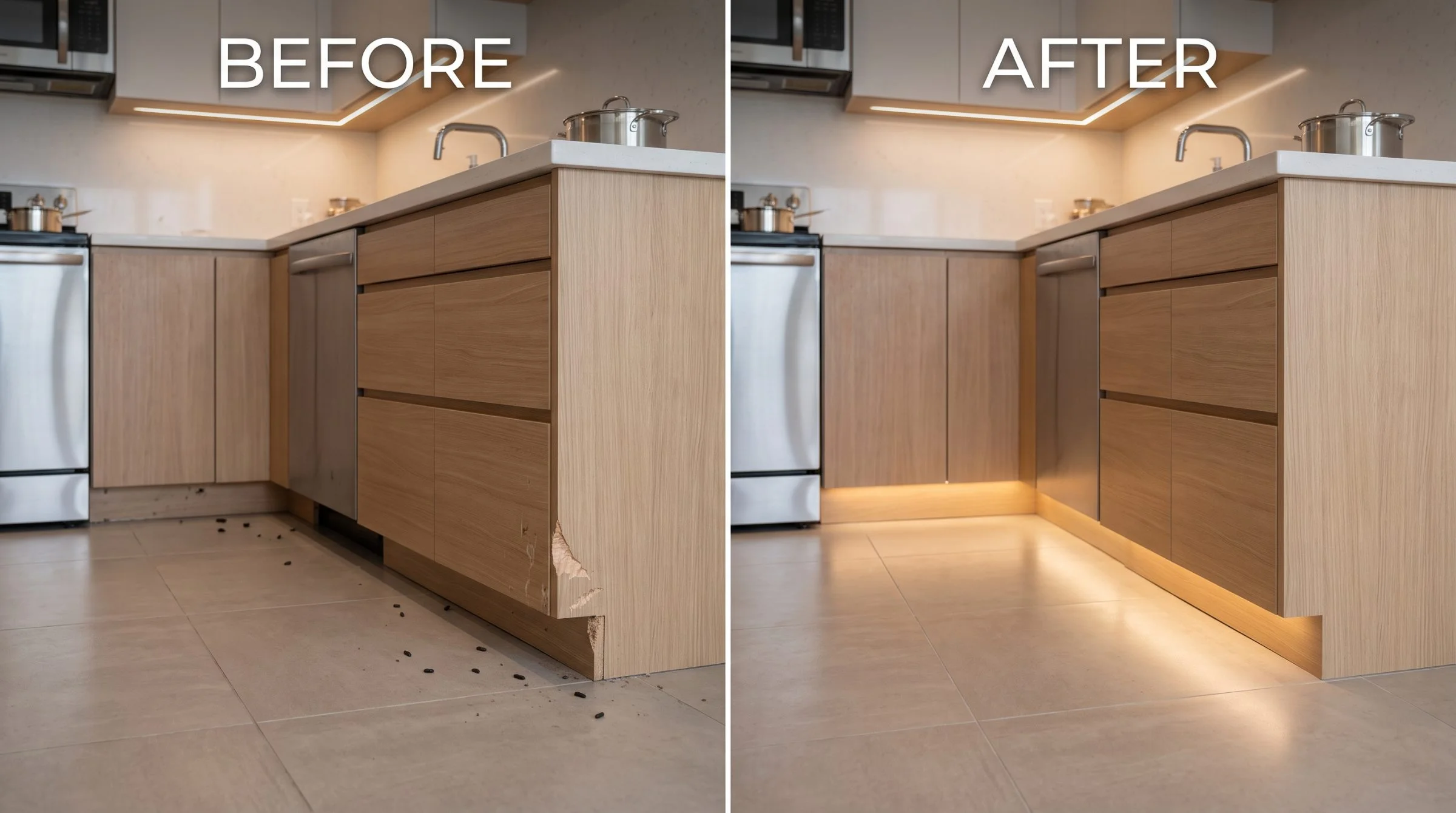 Kitchen before and after. Before: droppings along the floor line and a gnawed hole in the cabinet toe-kick. After: the floor clean and the toe-kick panel replaced.