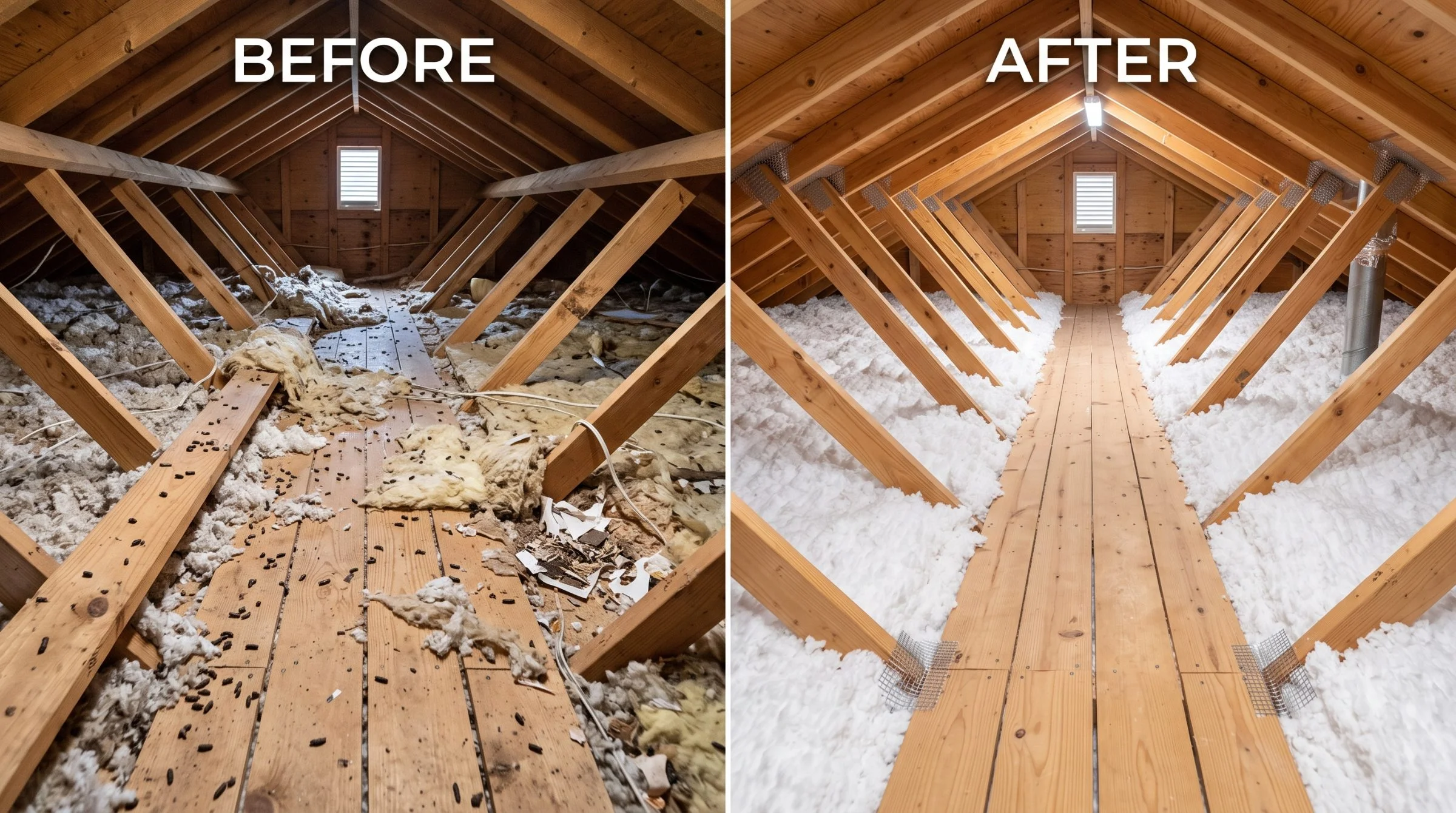 Attic before and after. Before: rodent droppings across torn, soiled insulation. After: clean new insulation with steel mesh collars fitted over the joist gaps, vent and pipe penetration.
